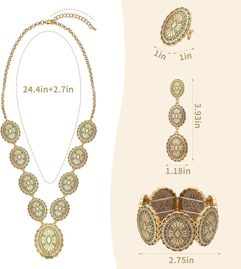 JMScape 4 PCS Western Turquoise Jewelry for Women Boho Vintage Navajo Pearl Necklace Earring Bracelet Ring Set Country Cowgirl Accessories for Gift - Image 5